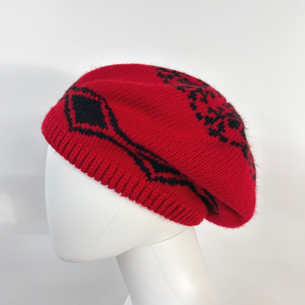 Isotoner Nordic Snowflake Knit Beret Hat One Size Red Black Gorpcore French Girl